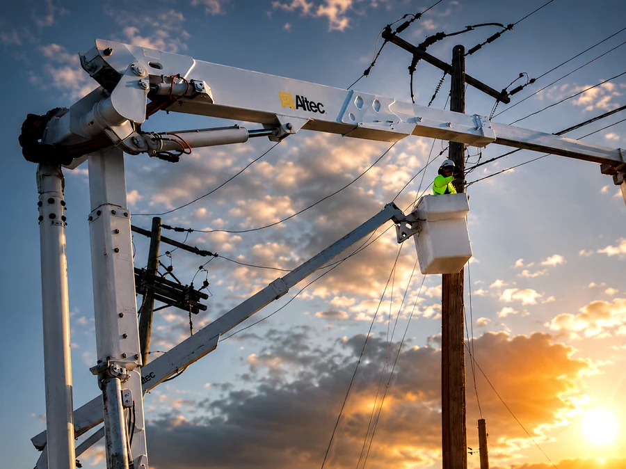 Aerial bucket truck working a pole line at sunset