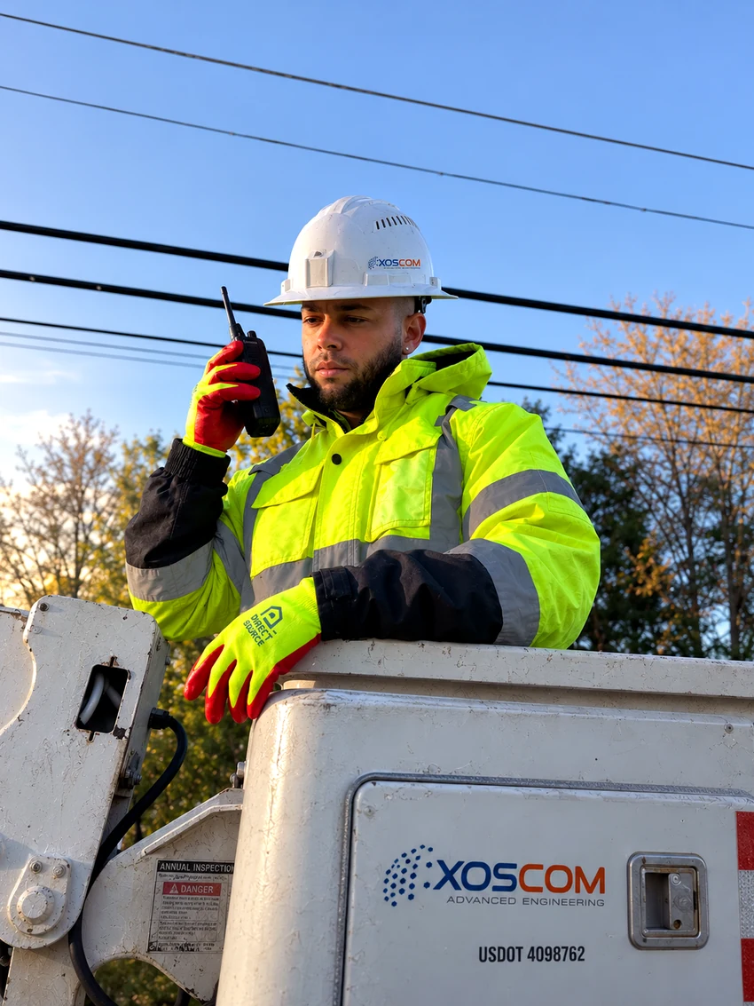 XOSCOM branded bucket truck on a job
