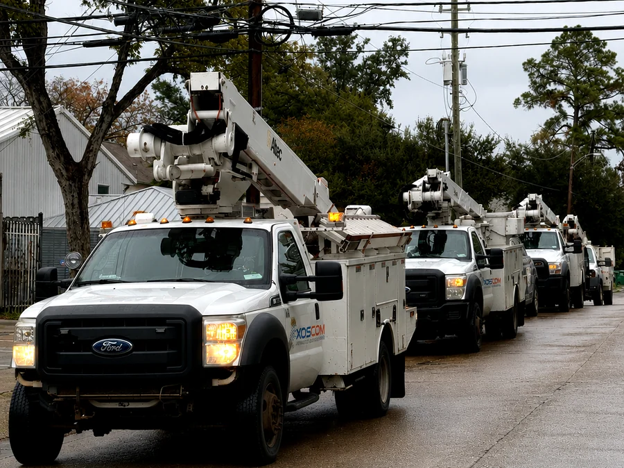XOSCOM bucket truck fleet mobilizing on a Houston street