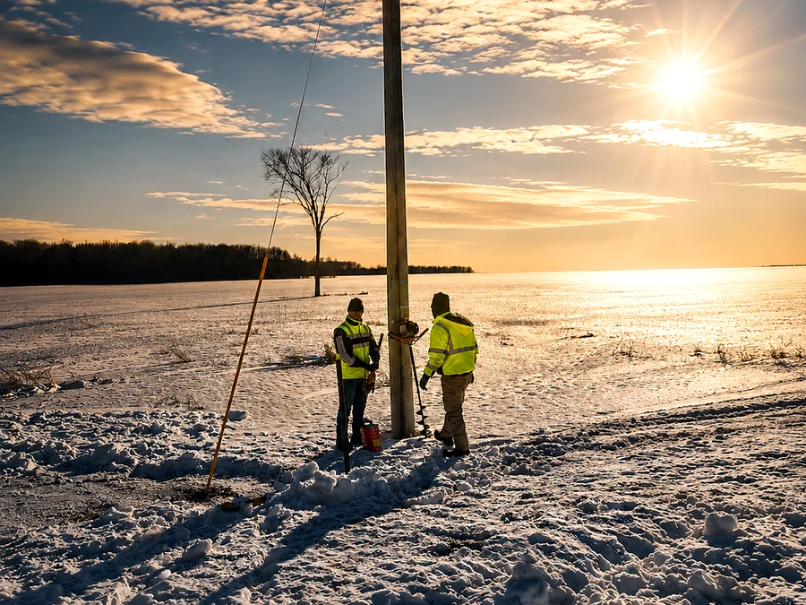 Crew setting a pole in an open field