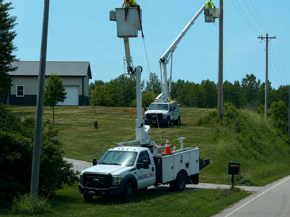 XOSCOM bucket trucks on a job site