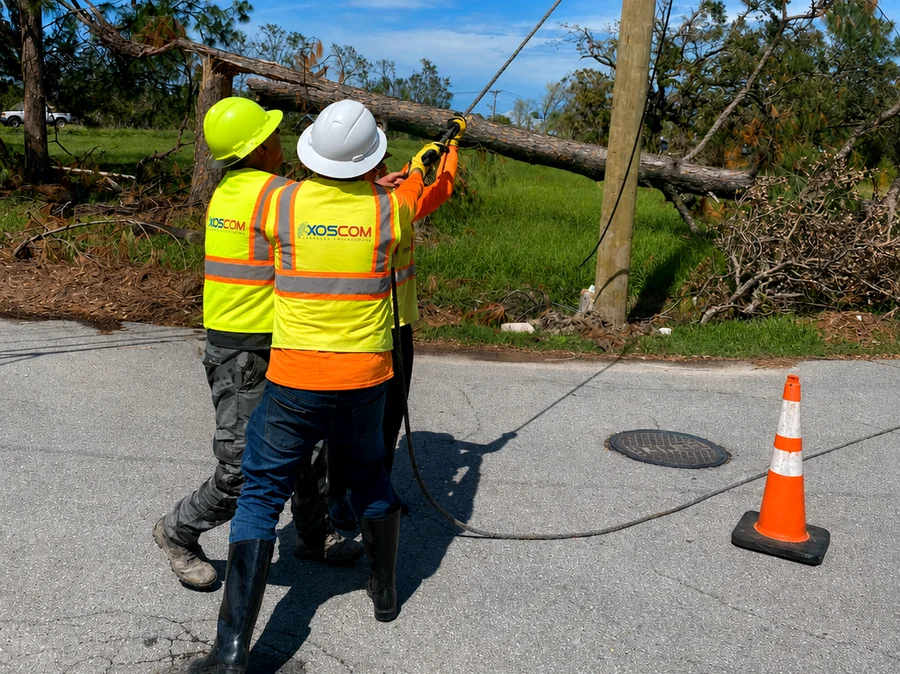 XOSCOM crew clearing a fallen tree off a downed line after a hurricane