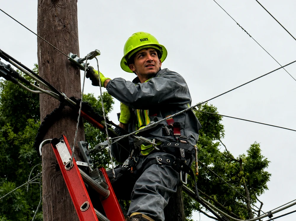 Lineman placing aerial strand on a pole line