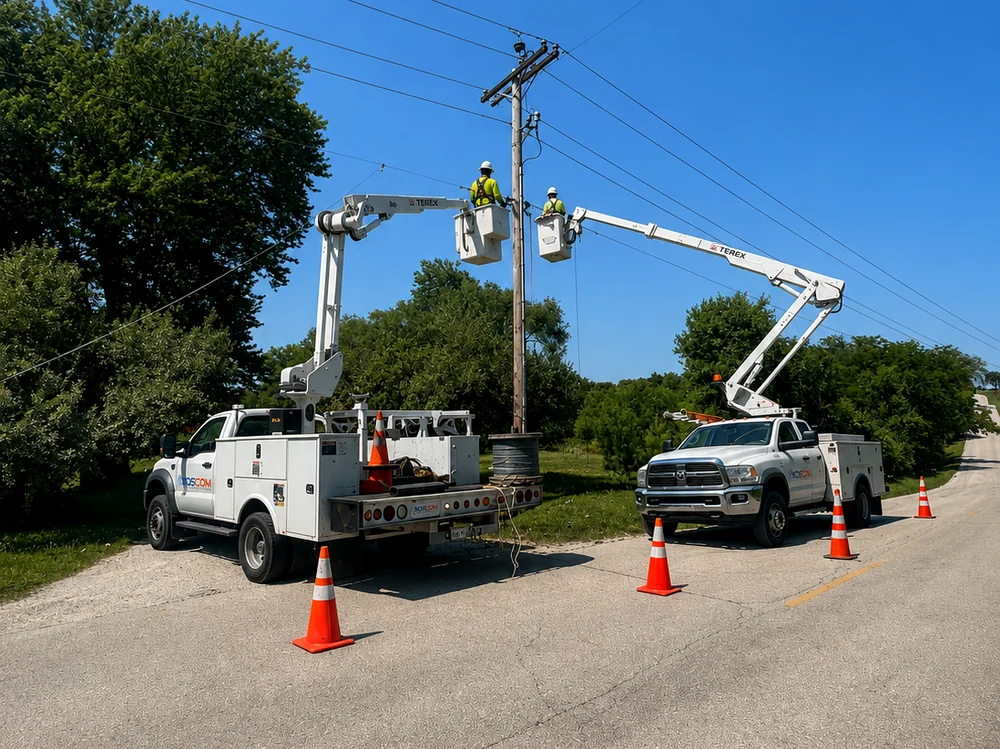 XOSCOM crews working a pole line with traffic control