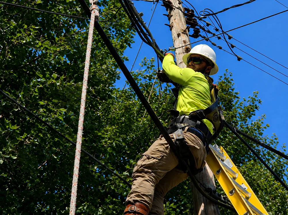 Technician rigging aerial cable at a pole with block and rope