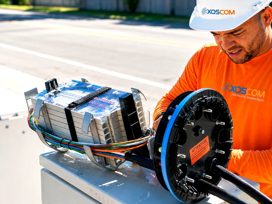 XOSCOM technician working a fiber splice closure