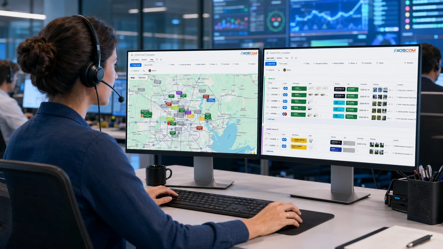 XOSCOM operations center - live job map and management board of the field platform