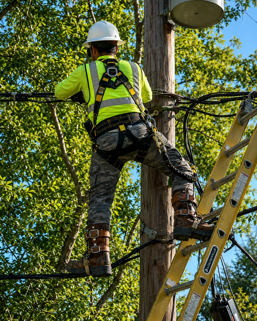 Technician climbing a pole with full fall-protection harness and lanyard