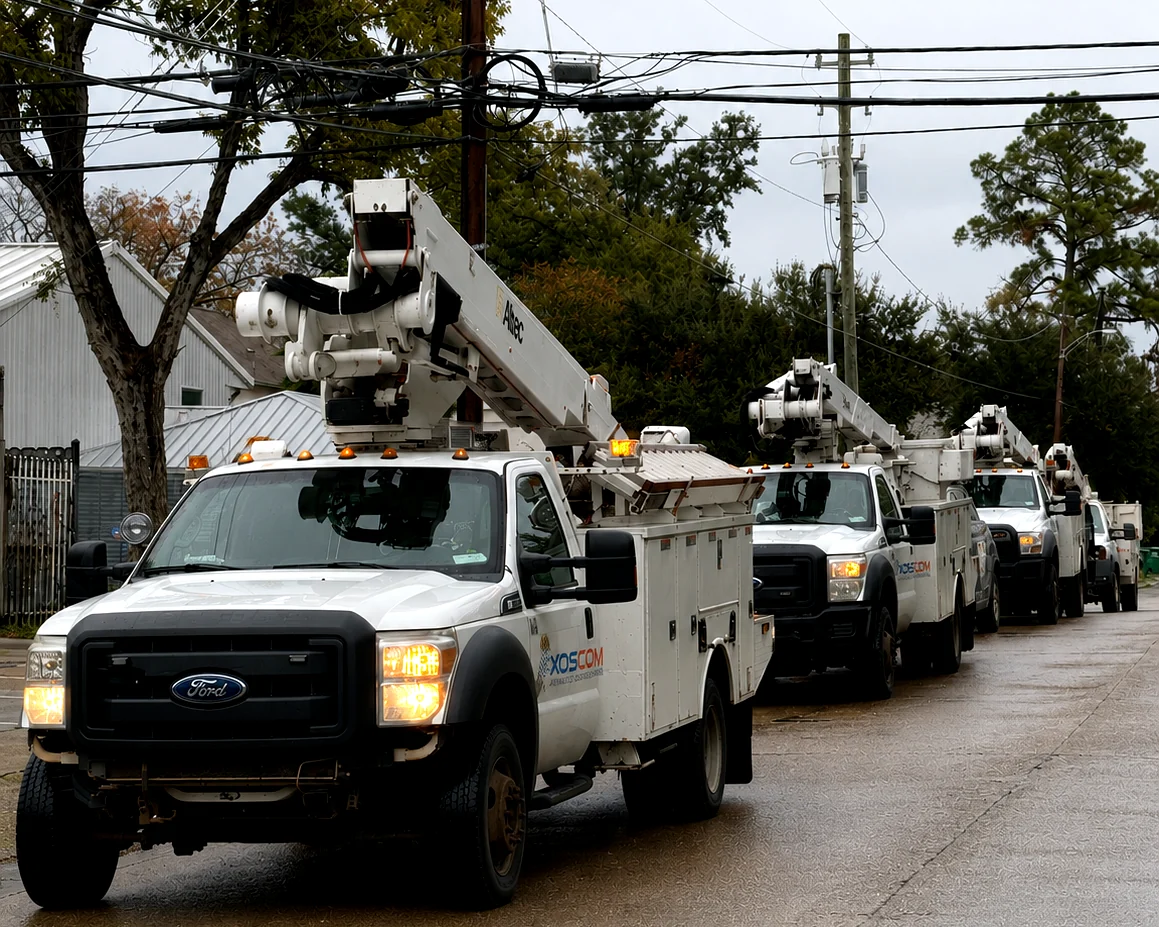 XOSCOM bucket truck fleet mobilizing on a Houston street
